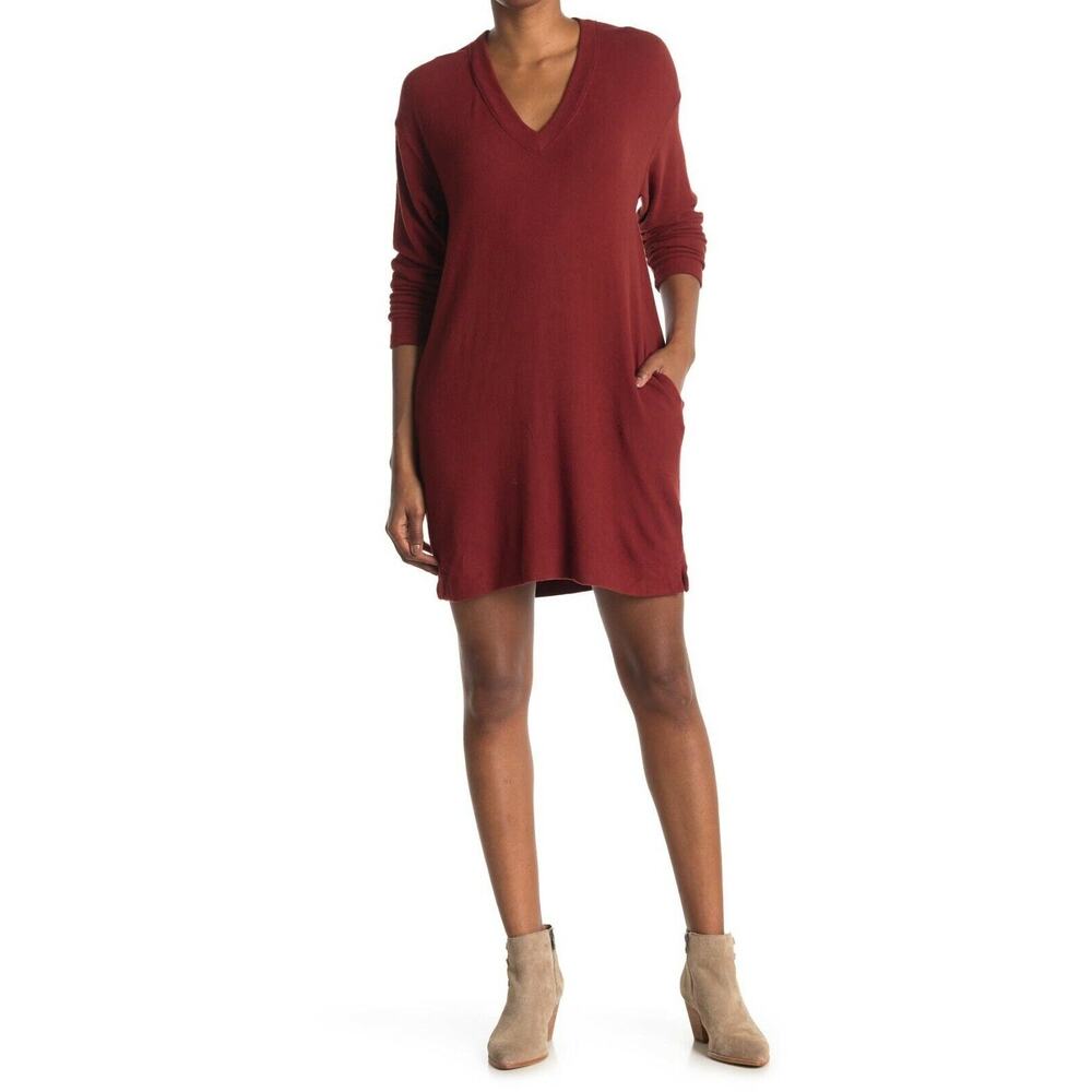 SOCIALITE NEW $68 V-Neck Drop Shoulder Knit Dress Pockets Burgundy‎ Small